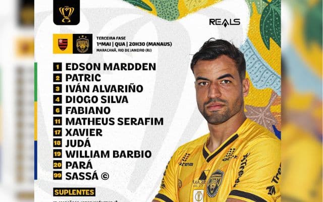Amazonas define escalação para jogo contra o Flamengo, pela Copa do Brasil